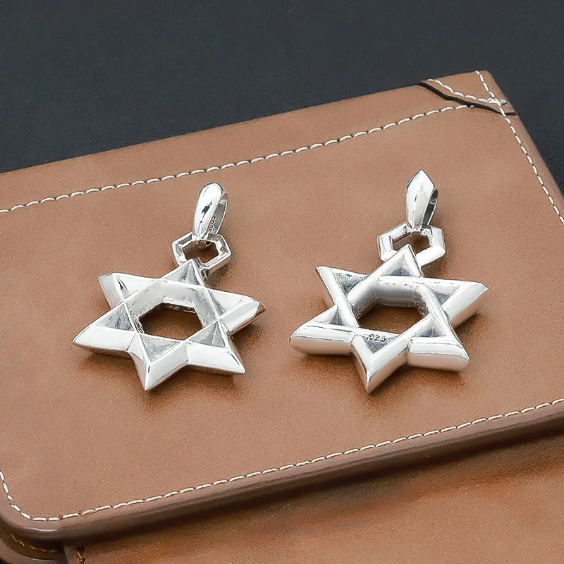 S925 pure silver hexagonal star pendant trendy accessories for men and women punk hip-hop pendant silver jewelry