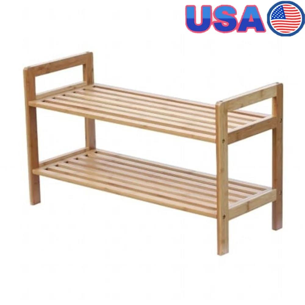 

2 Tier Bamboo Shoe Rack Portable Storage Organizer Air Circulation Slatted Design Easy Assembly Handles Indoor Outdoor Use