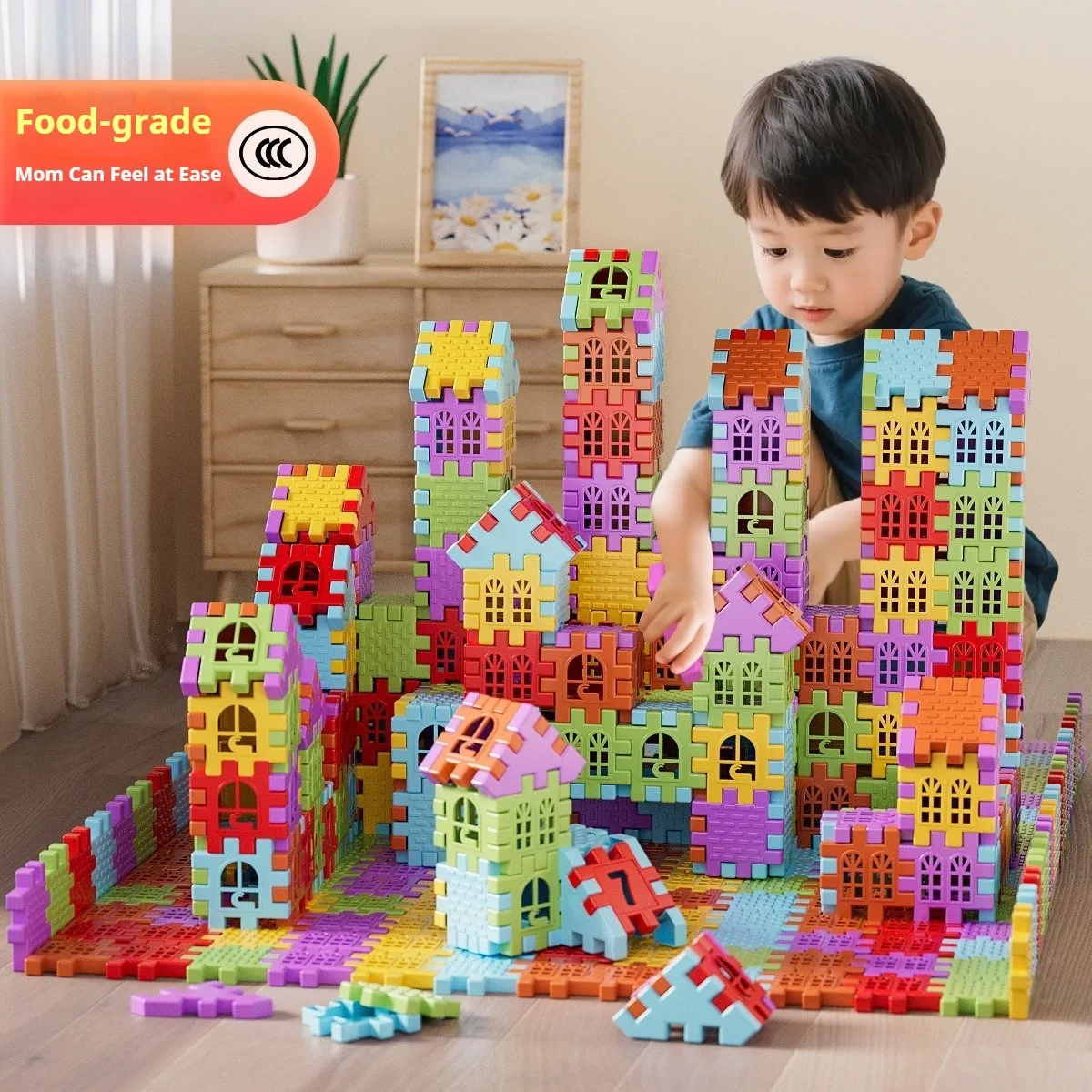 Children building houses, building blocks, assembling puzzle toys, boys and girls aged 3 to 6, big particle villas