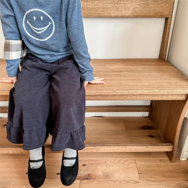 

2025 Autumn Baby Girls Loose Wide Leg Trousers Korean Style Ruffles Toddlers Kids Corduroy Casual Pants