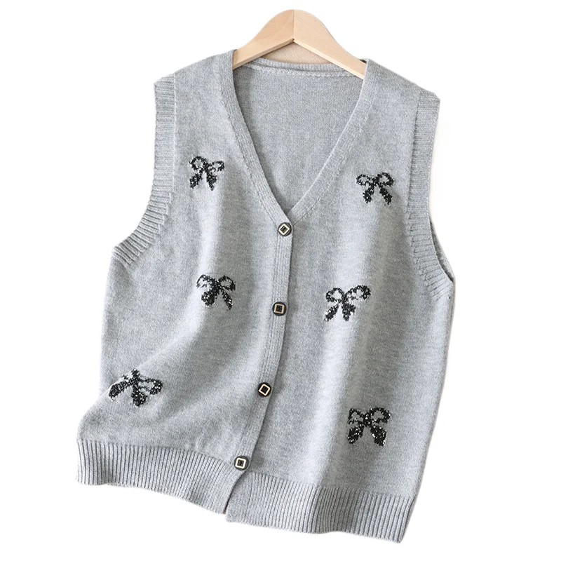 

Korean Style Sequin Bow Knit Vest Sweater Women's Sleeveless Cardigan Thin Spring Summer V-neck Single Breasted Top