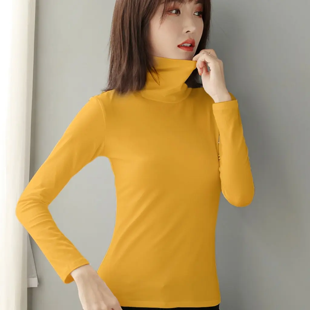 

Women's Slim Fit Long Sleeve T-Shirt Pure Cotton High Collar Base Shirt Versatile Top for Autumn Winter