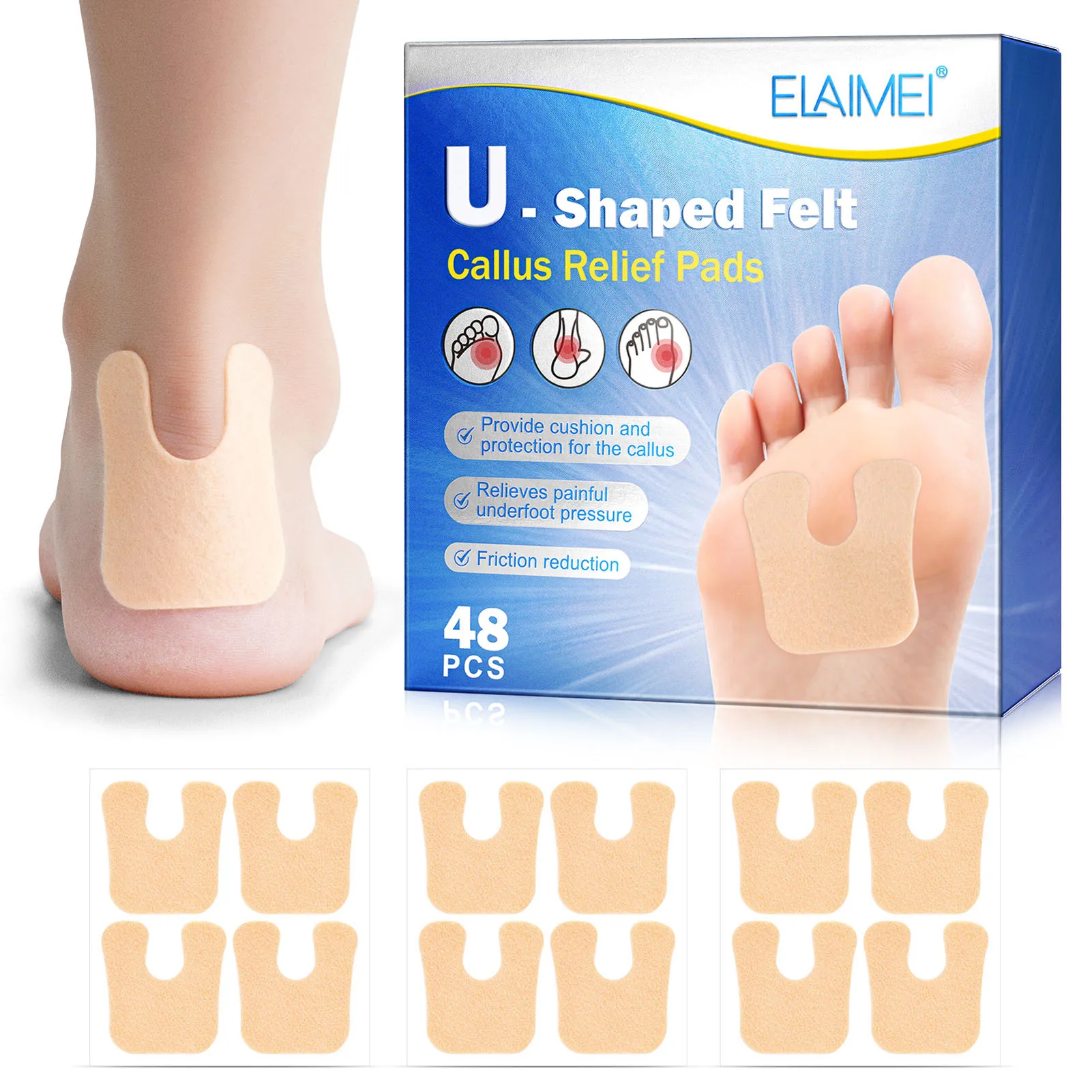 

48pcs/box U-shaped Felt Callus Pads Self Adhesive Forefoot Pad Protect Calluses From Rubbing On Shoes Reduce Heel Pain Foot Care