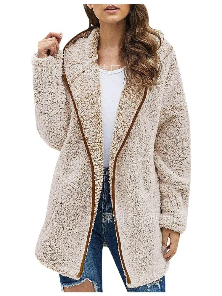 

New Hooded Woolen Coat Woman Solid Fleece Jackets Cashmere Long Sleeved Loose Coats Female Winter Warm Ladies Fashion Jacket