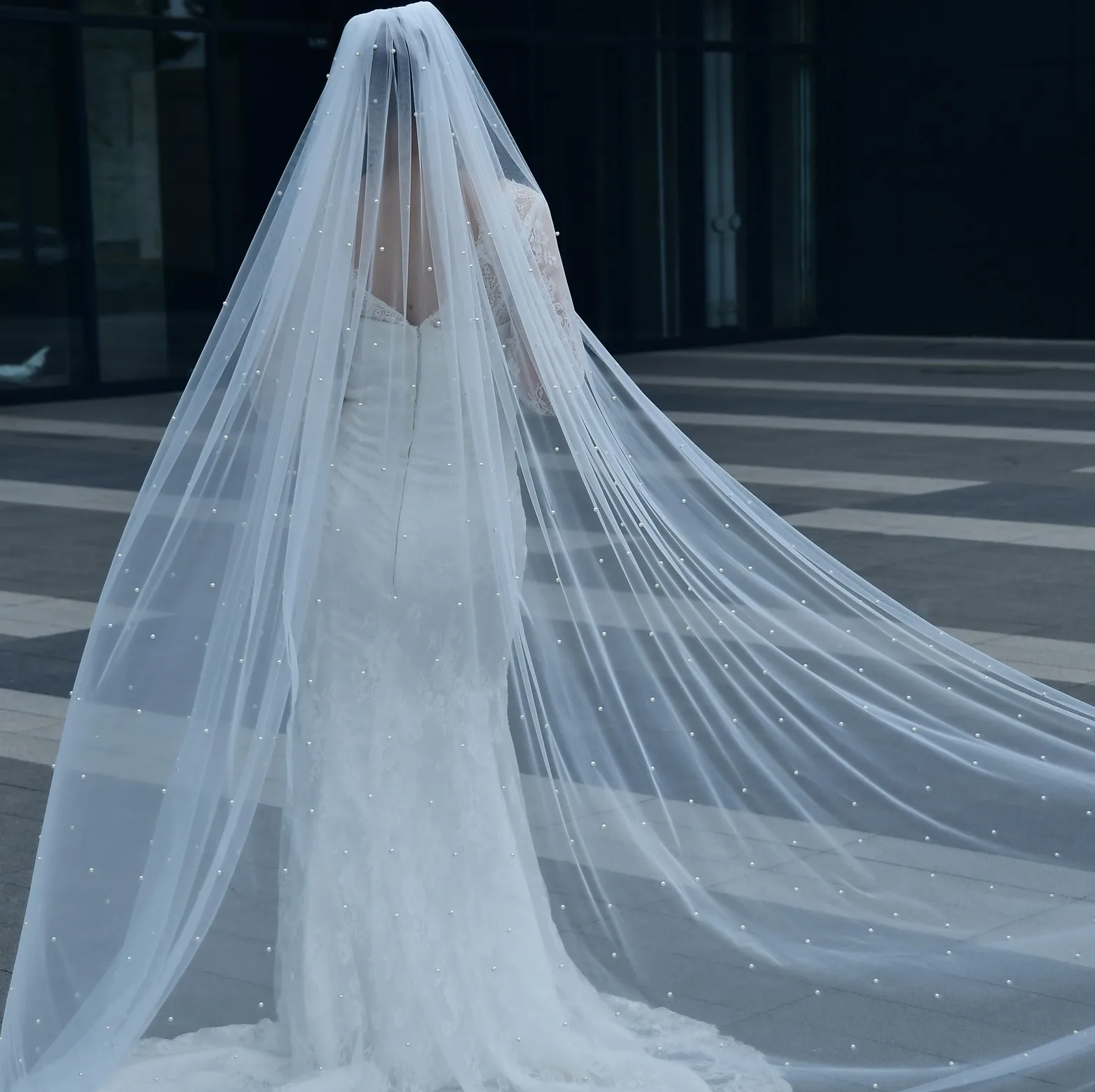 3M Wide Cathedral Bridal Veil with Pearls Metal Comb Beaded Dramatic Single Tier Mantilla Veil for Grand Wedding Ceremony G09