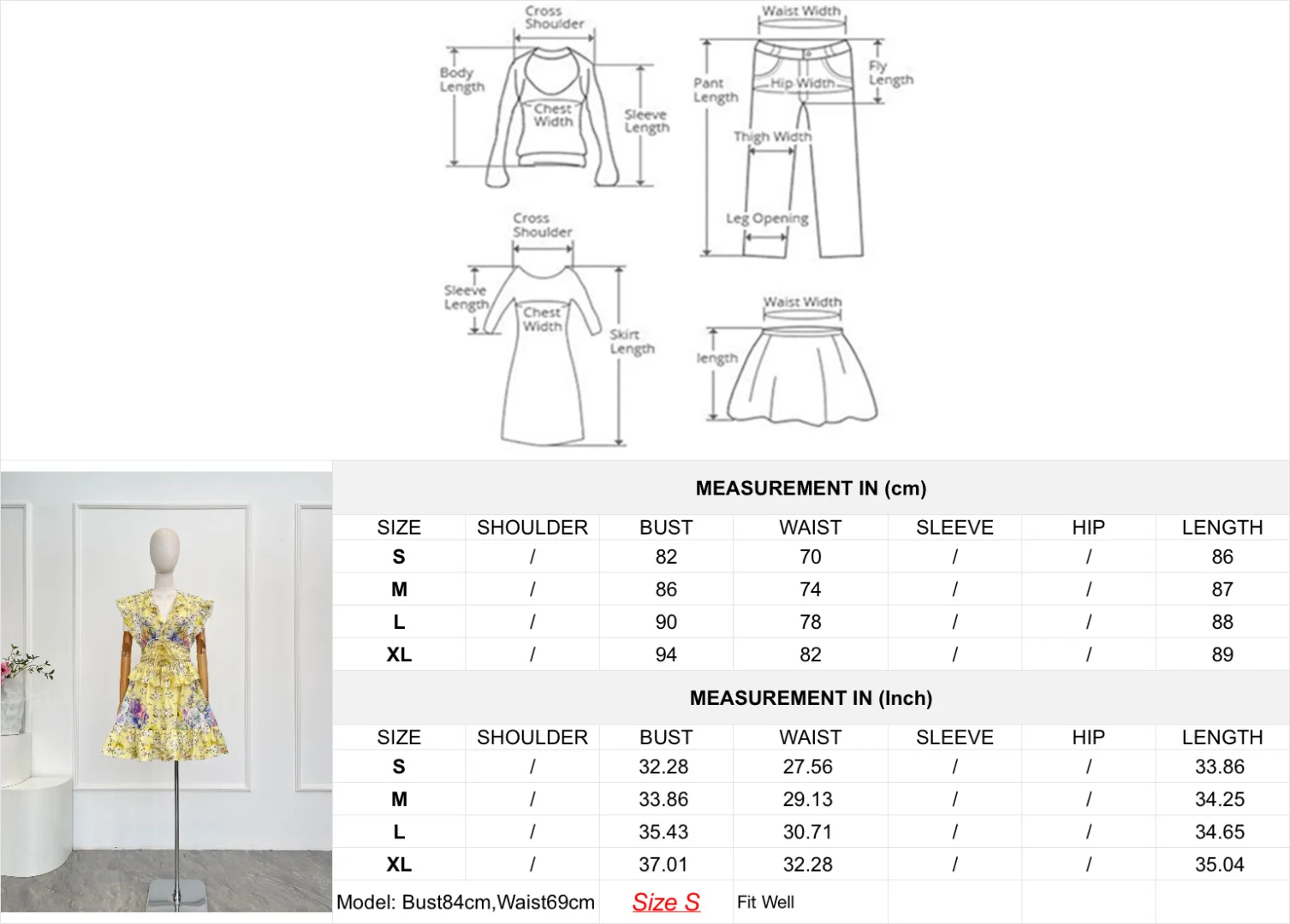 Gelbes Minikleid mit Blumendruck, ärmellos, Rüschen, Wasp-Taille, 2022, neues Design