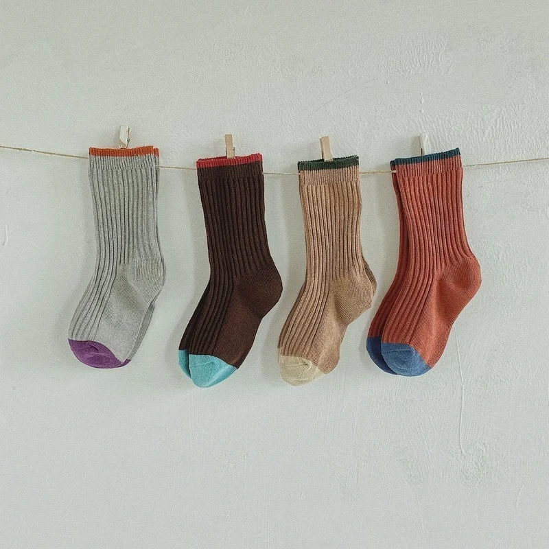 Autumn Winter Warm Baby Kids Loose Tube Socks for Boys Girls Children Cotton Vintage Retro Patckwork Knee High Long Tights