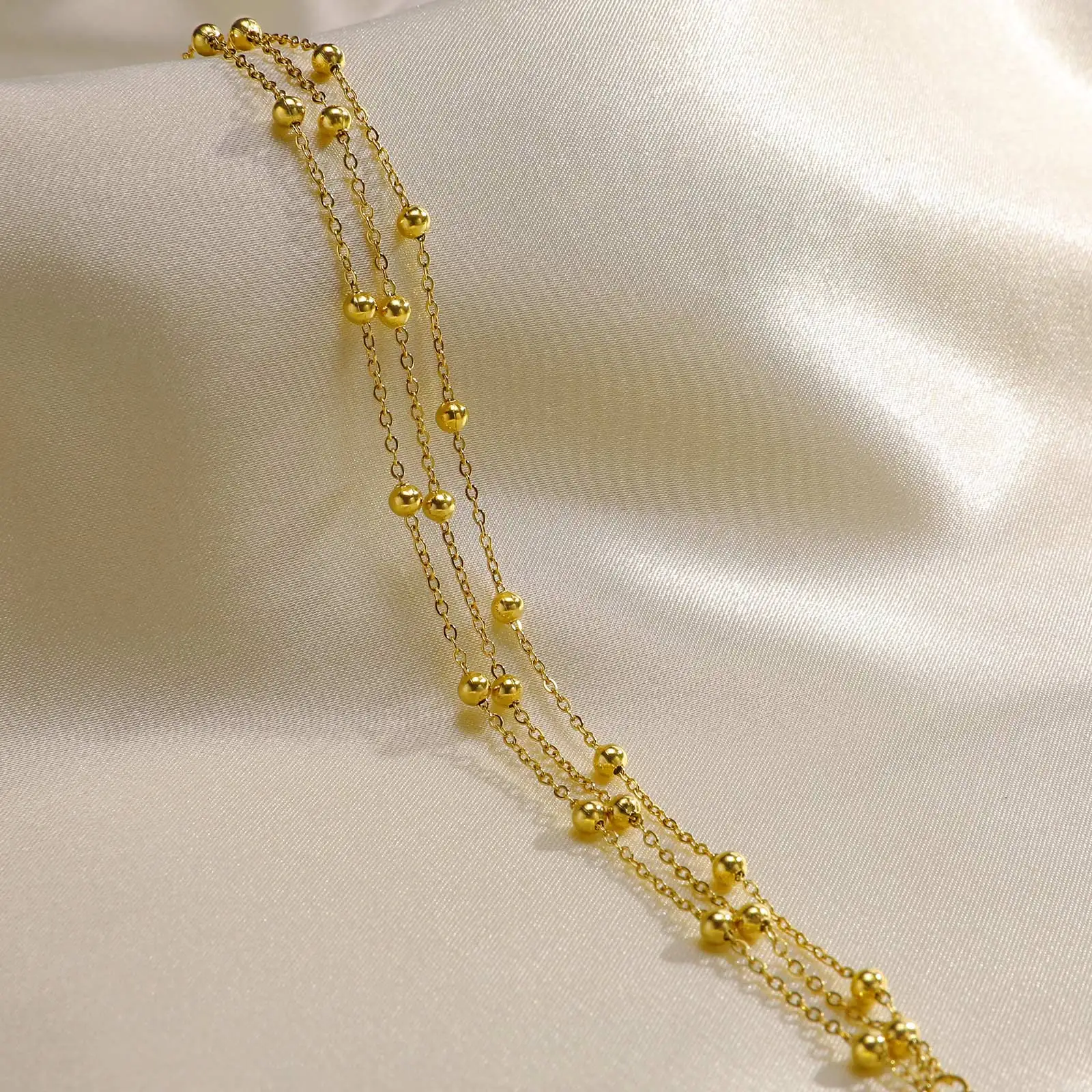 18k Gold Plated Stainless Steel Layered Chain With Beaded  Anklet Bracelet on Leg  for Women