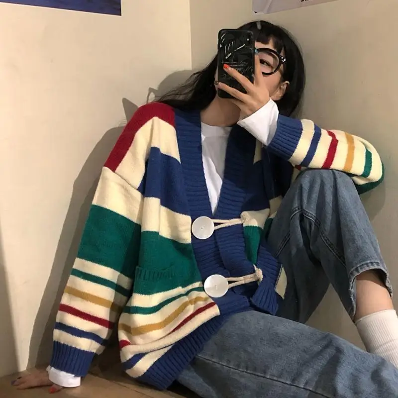 Rainbow Striped Sweater Jacket for Women New Korean Version Lazy Style Worn Outside Knitted Cardigan Top