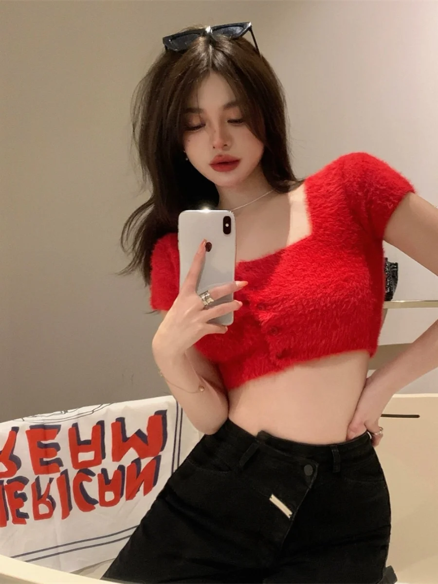 

Женский летний тонкий вязаный кардиган Slim Fit с коротким рукавом, в стиле Pure Desire, с квадратным вырезом, подчеркивающий фигуру, укороченный топ-майка