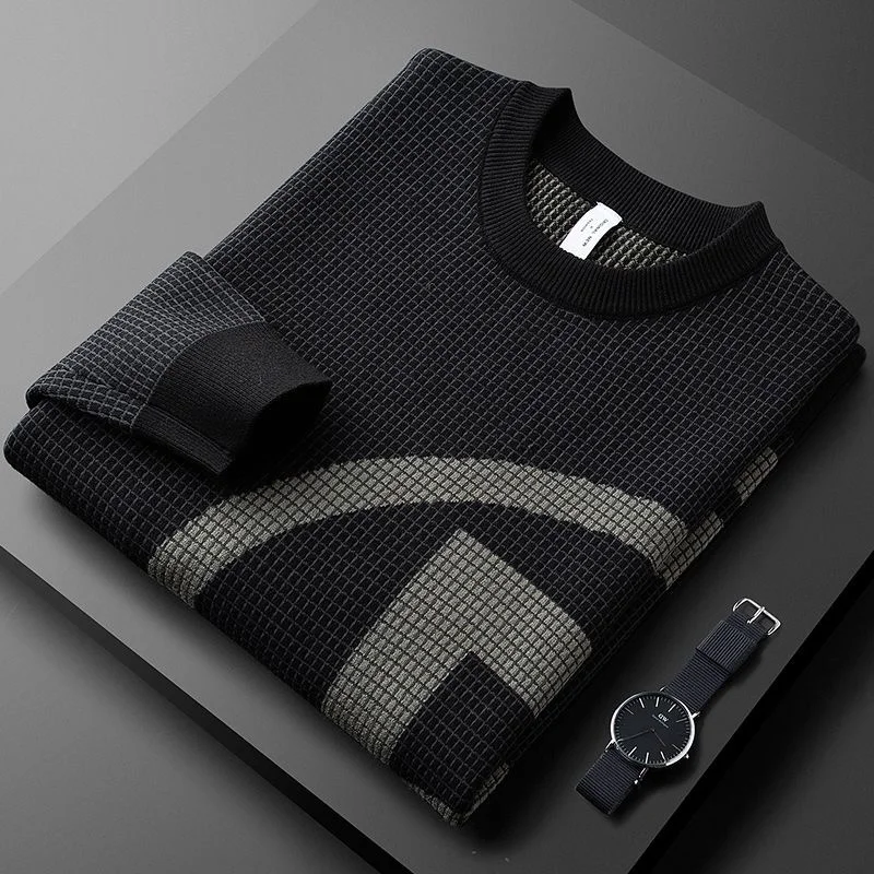 

fashion personality European check round neck sweater men's autumn and winter thick warm slim knit Pullover casual high-end top