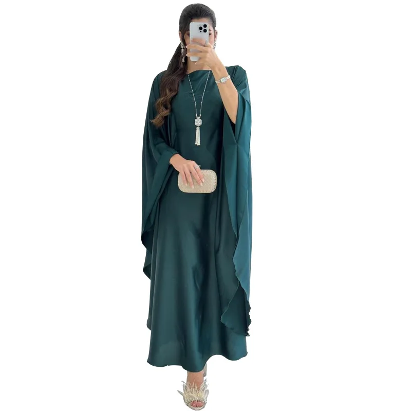 

Fashion Solid Satin Casual Batwing Sleeve Party Saudi Women Dresses Muslim Ramadan Jalabiya Kabaya Moroccan Arab Robe