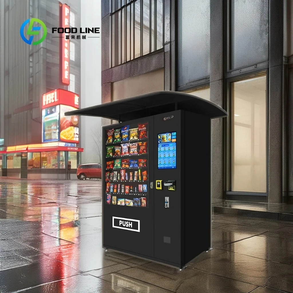 Outdoor vending machine with canopy card reader bill and snack and drink coin receiver