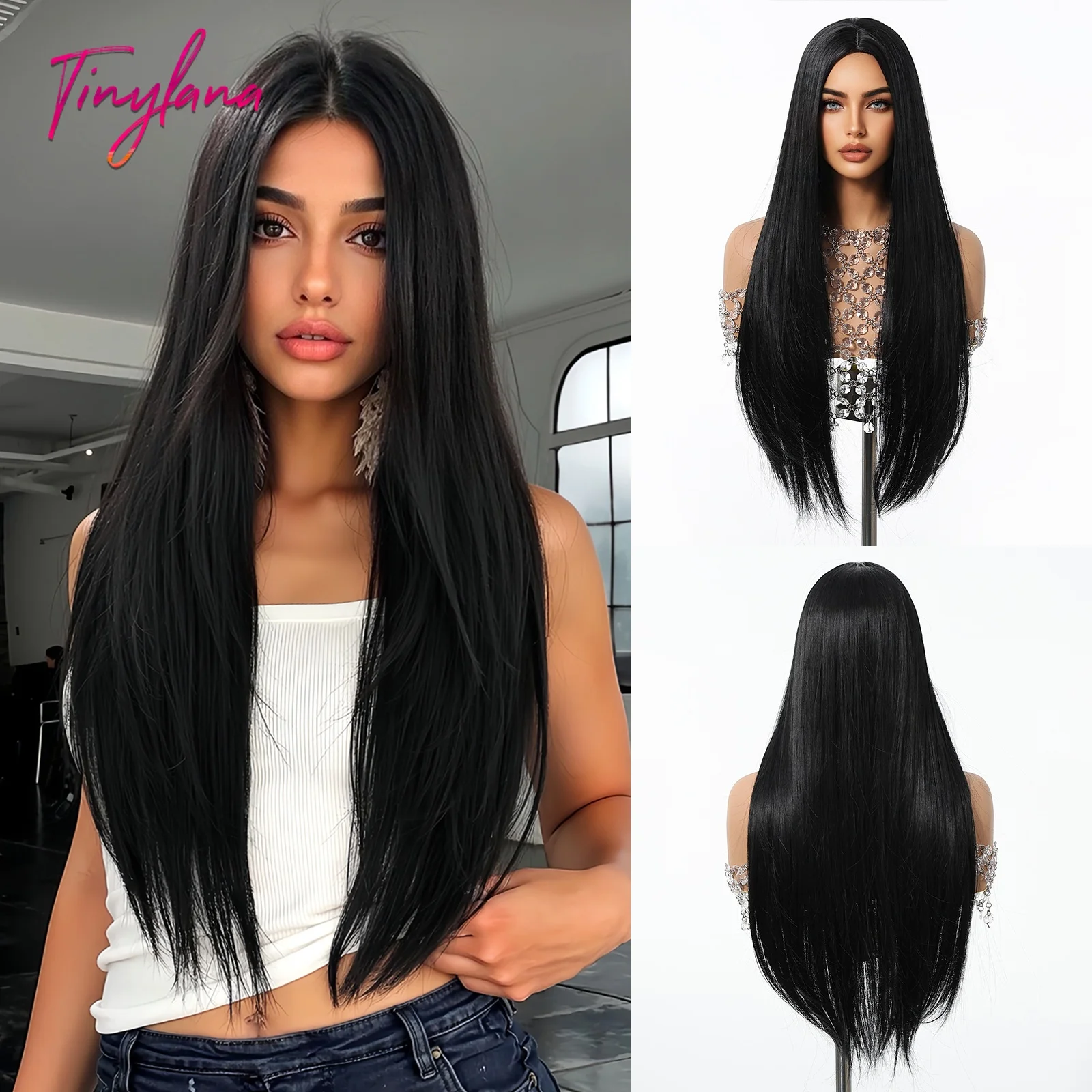 

Black Middle Part Long Straight Synthetic Wig with Natural Look Heat Resistant Fiber for Women Daily Use Party Cosplay Hair