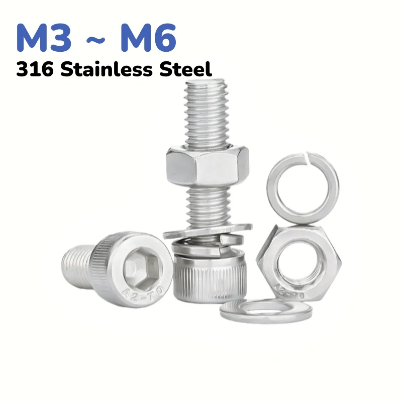 316 Stainless Steel M3 ~ M6 Allen Head Bolts and Nuts Kits Hexagon Hex Socket Head Knurled Cap Head with Washers Screw