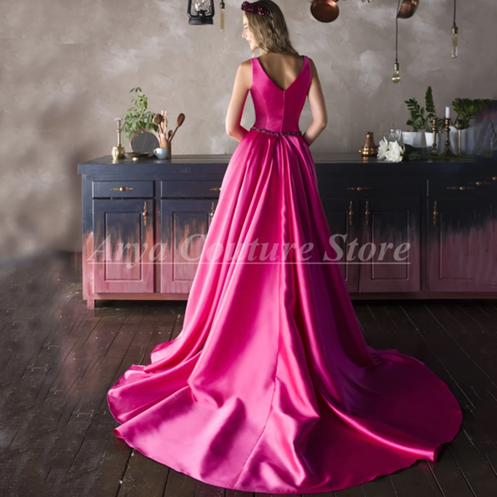 Deep V Neck Sleeveless Rose Satin Ball Gown Diamond and Beaded Belt A-Line Floor Length Elegant Feminine Banquet Party Dress