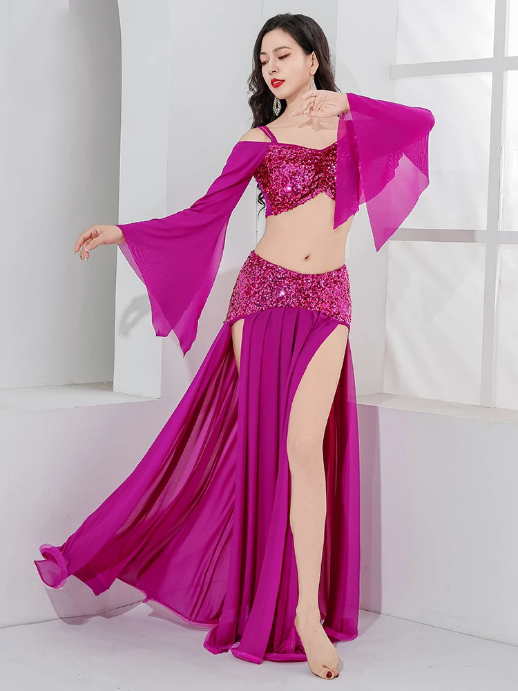 Oriental Belly Dance Costumes Sequins Top Long Skirt Women Belly Dance Practice Suit Peforessional Bellydance Outfits Women