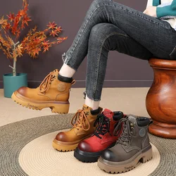 Genuine Leather Slope Heel Women Thick Soled Round Toe Motorcycle Boots Medium Tube Boots Fashionable Versatile Women Shoes