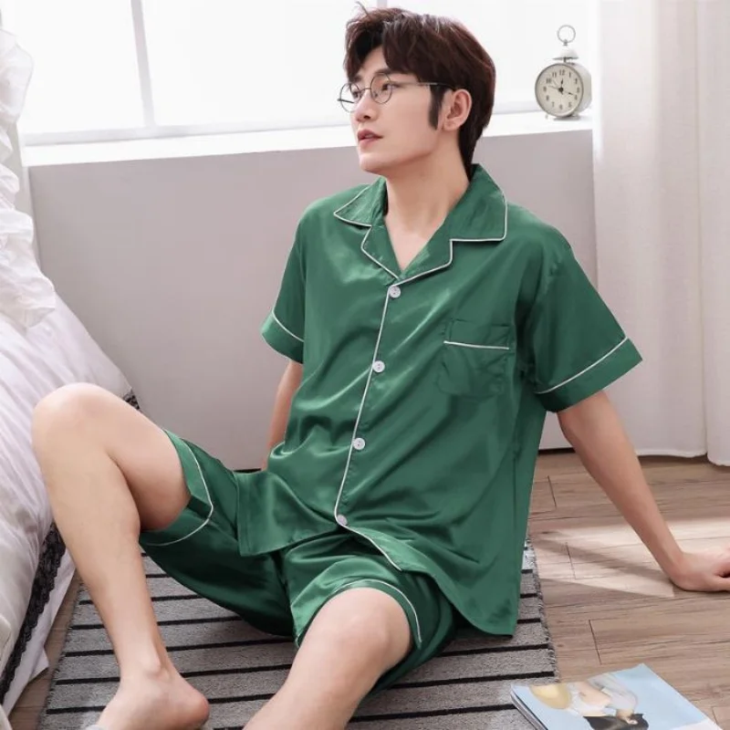 

Ice Silk Pajamas Men's Summer Thin Short-Sleeved Shorts Simulation Silk Loose Large Size Youth Fashion Summer Cool Pajamas Set