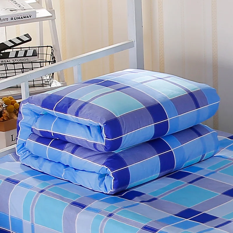 Cotton twill student dormitory top and bottom three piece set bed sheets, duvet covers, pillowcases, single person blue checkere