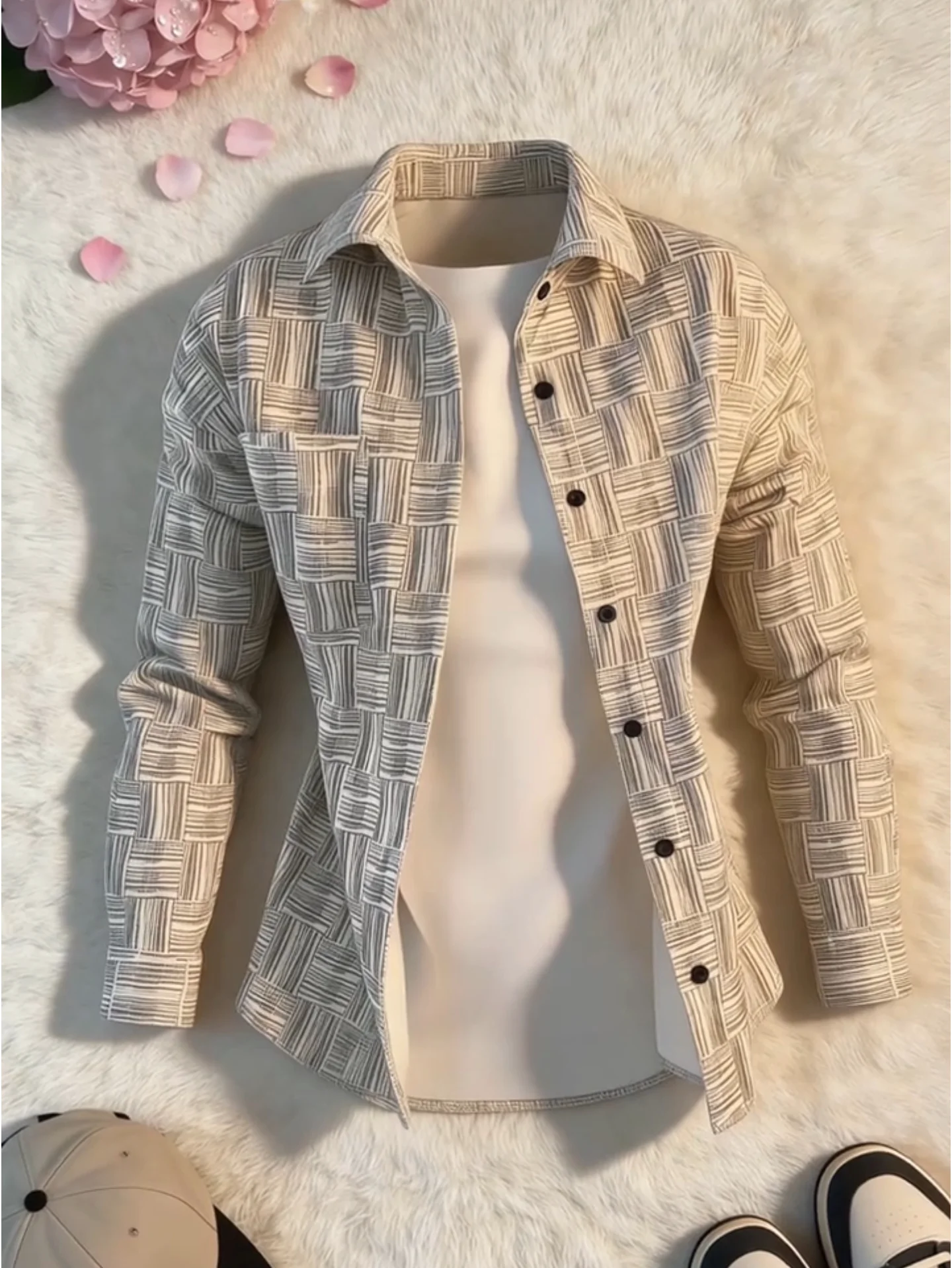 Men's Long Sleeve Shirt Tie Dye Texture Plaid Casual Wear Layering Outerwear Spring Autumn American Retro Couple's Shirt
