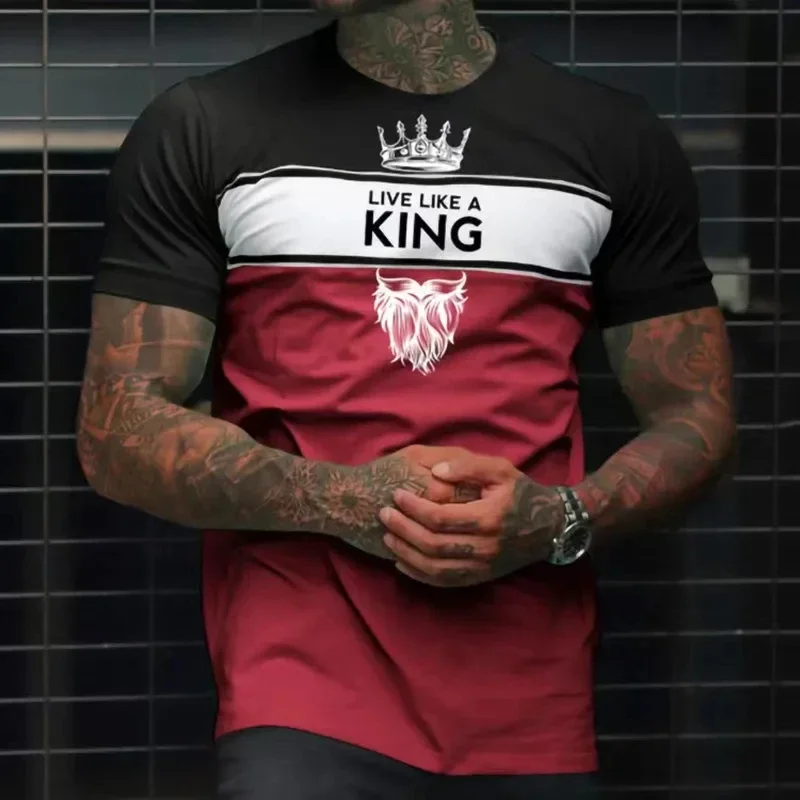 Fashion Men's Live Like A King Crown Beard Graphic T-Shirt Color Block Short Sleeve Crew Neck Casual Streetwear Tee Tops
