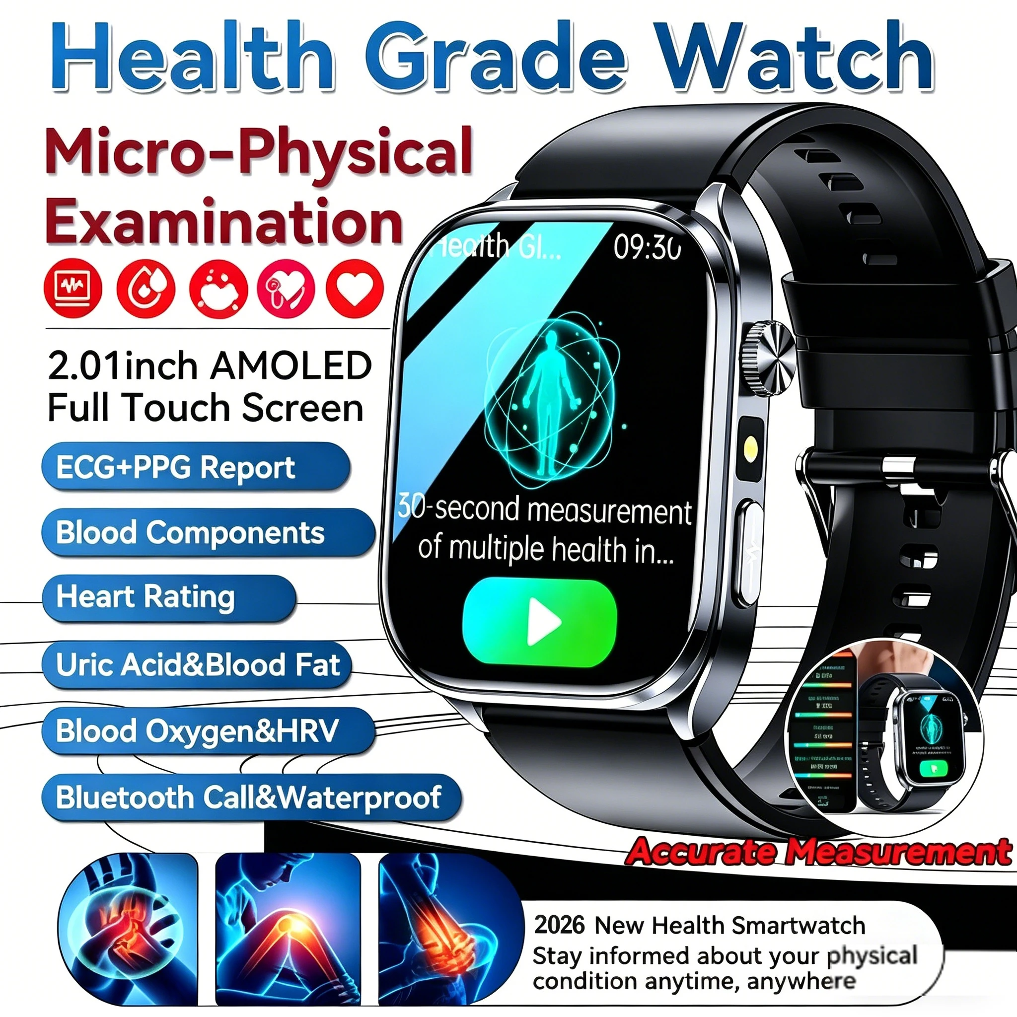Reloj Inteligente 2026 con Medición Precisa de Presión Arterial, Ácido Úrico, ECG+PPG, Análisis de Oxígeno en Sangre, Análisis de Grasa Corporal, Linterna LED