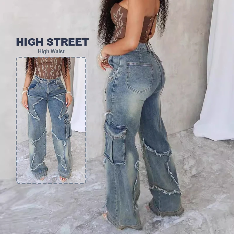 

Женские джинсы с высокой талией и вышивкой звезд, потертые джинсовые брюки, удобные свободные женские брюки High Street