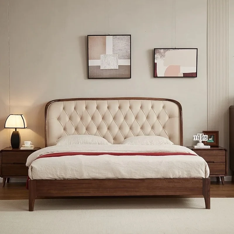 

Скандинавская двуспальная кровать из черного ореха 1,8, итальянская кожа, мягкая, из массива дерева, свадебная кровать из бревна из цельного дерева