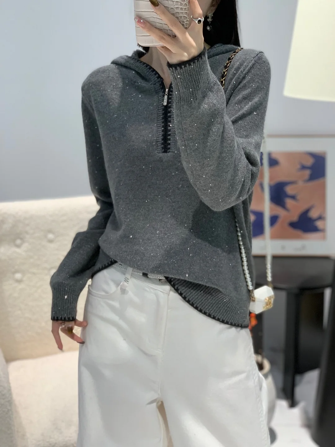 

Женский пуловер из мериносовой шерсти, цветной трикотаж, кашемировый свитер с воротником и капюшоном, осень-зима, повседневный мягкий топ на молнии