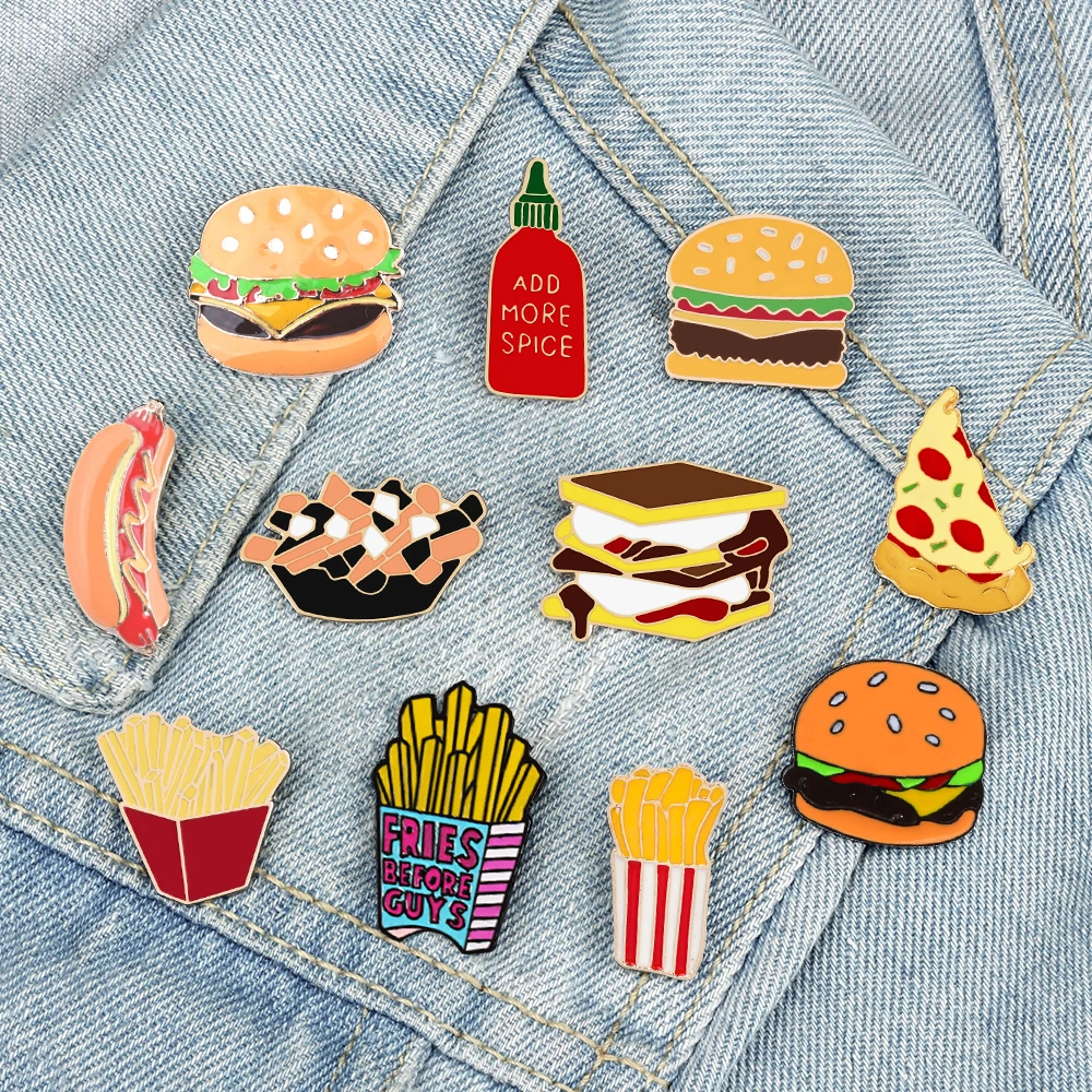 Cartoon Cute Foods Brooch French fries Hamburger Pizza Enamel Badge Sandwich Salad Hot Dog Bag Lapel Pin Jewelry Gift for Friend