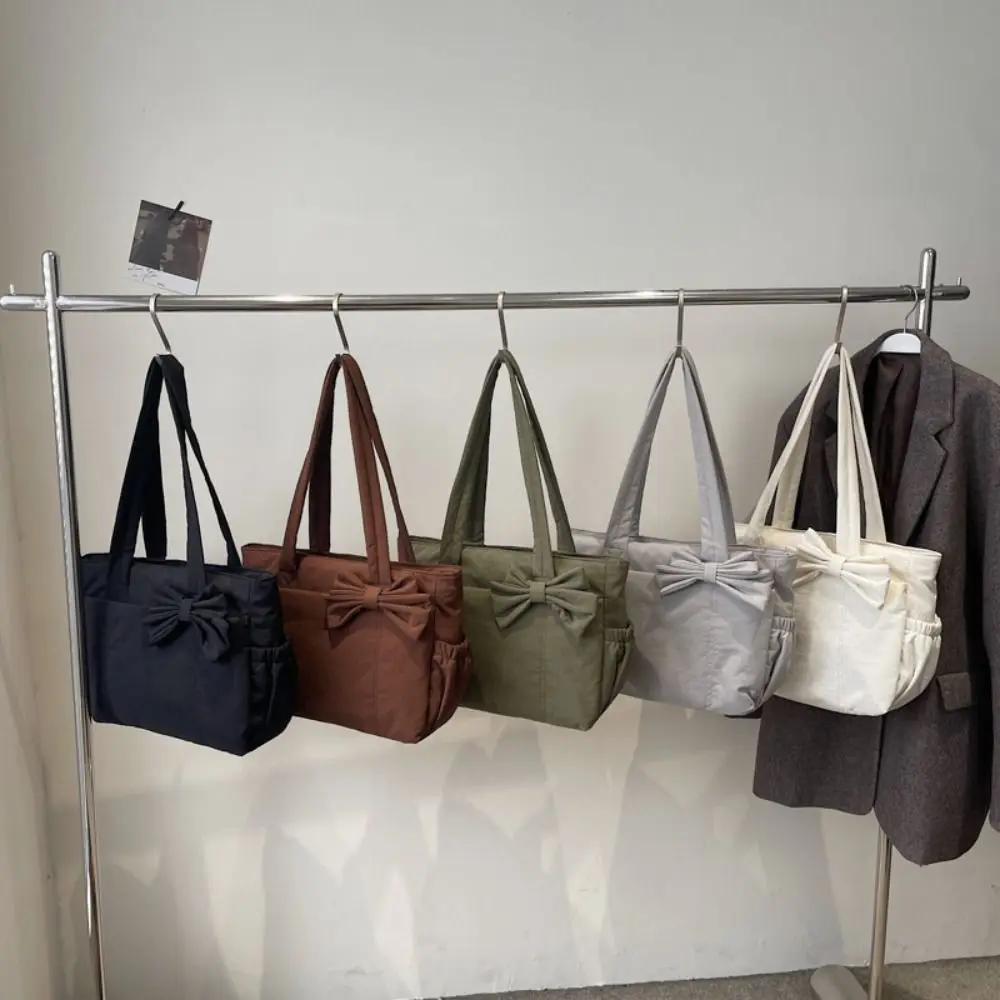 

Повседневная сумка-тоут в корейском стиле с бантом, однотонная, простая, с хлопковой подкладкой, на плечо, большая вместимость, модная нейлоновая сумка, дорожная сумка