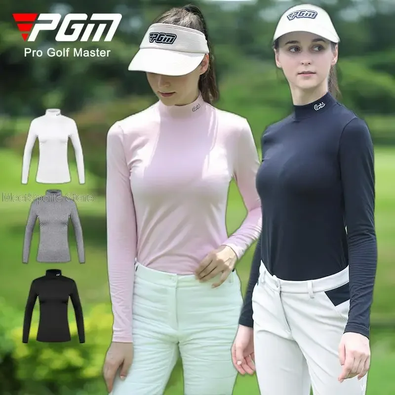 Pgm Golf Apparel Women Bottoming Shirt Autumn/Winter Warm Tops Ladies Stand Collar Long Sleeve T Shirt Velvet Lining Pullover