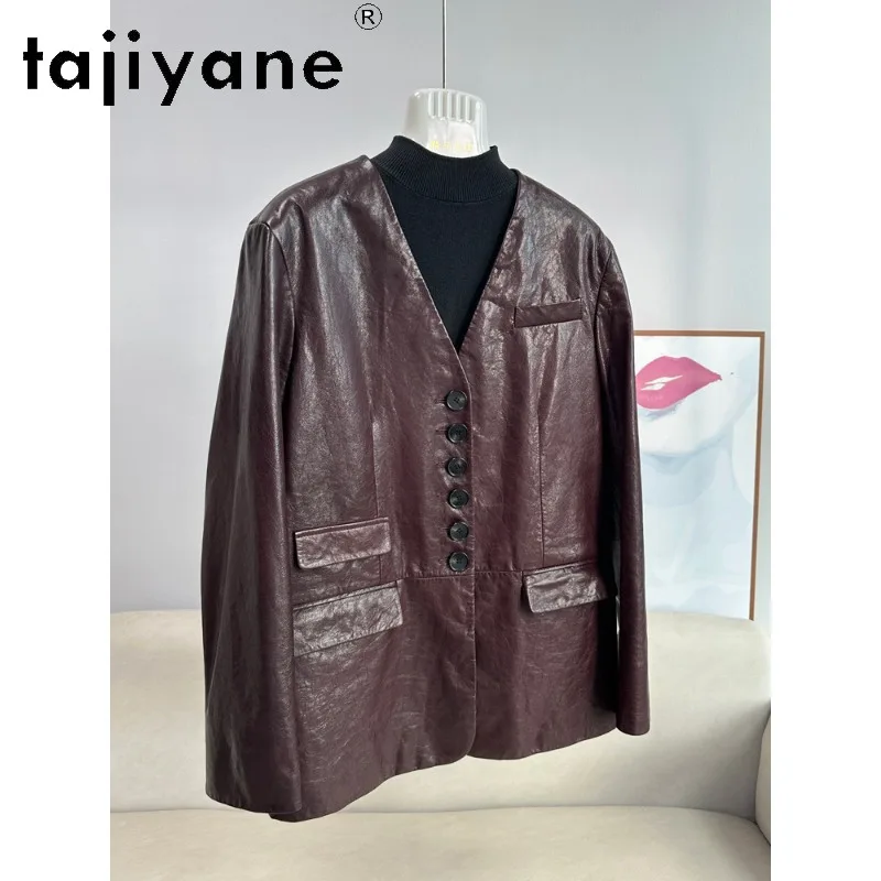TAJIYANE Oil Waxed Goatskin Genuine Leather Jacket Woman Mid Length Leather Trench Coat Outerwear Vintage Jackets for Woman 자켓