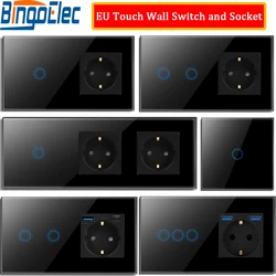 Bingoelec EU Touch Wall Switch and Socket 1/2/3Gang Black Glass Backlight Led Switches Interruptor Tomada with USB Outlet Socket