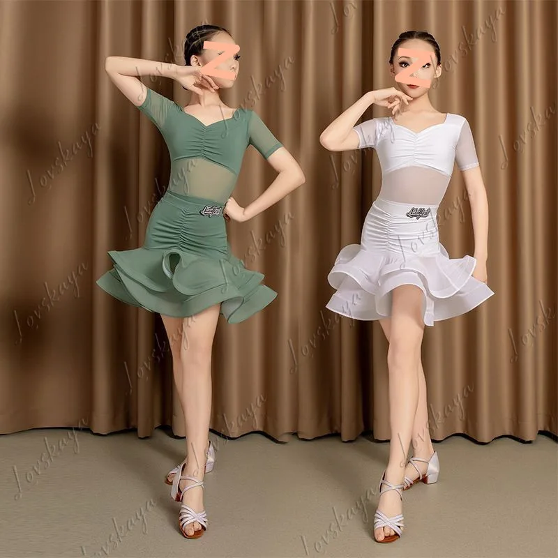 

Girls' Latin Dance Practice Outfit, Children's Sweet Bean Green Summer Training Suit, High-end Performance Outfit