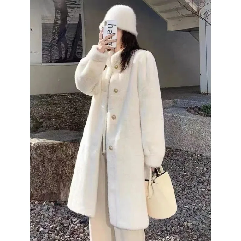 Mink Fur Coat for Women Standing Collar Long Fur Integrated Eco-friendly Jacket Warm Windbreaker Autumn  Winter New Trench Coat