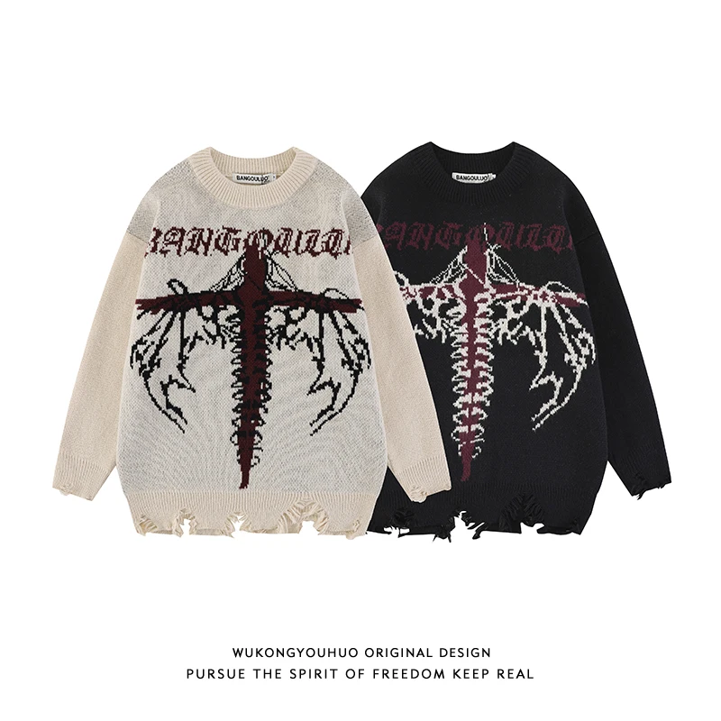 

Свободный мужской вязаный свитер с перекрестным дизайном, потертый подол, зимняя пара Faion k Series, трикотаж большого размера High Street Sle