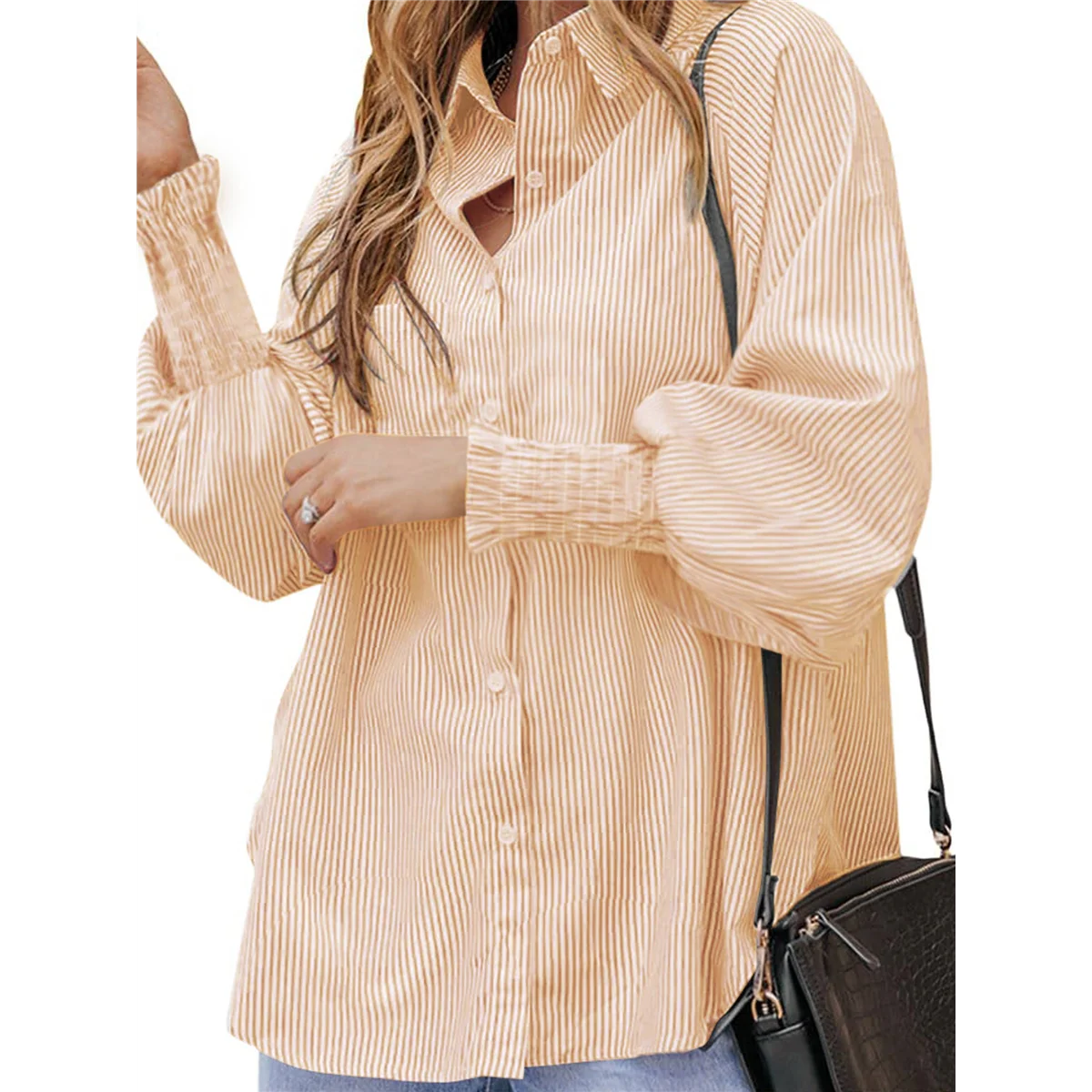 

Women'S Striped Smocked Cuffed Boyfriend Blouse Ruffle Sleeve Casual Tunic Tops with Pockets Yellow L