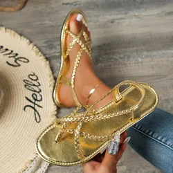 Women's Braided Flat Sandals Casual Clip Toe Summer Shoes Lightweight Elastic Band Sandals Gold Silver Footwear