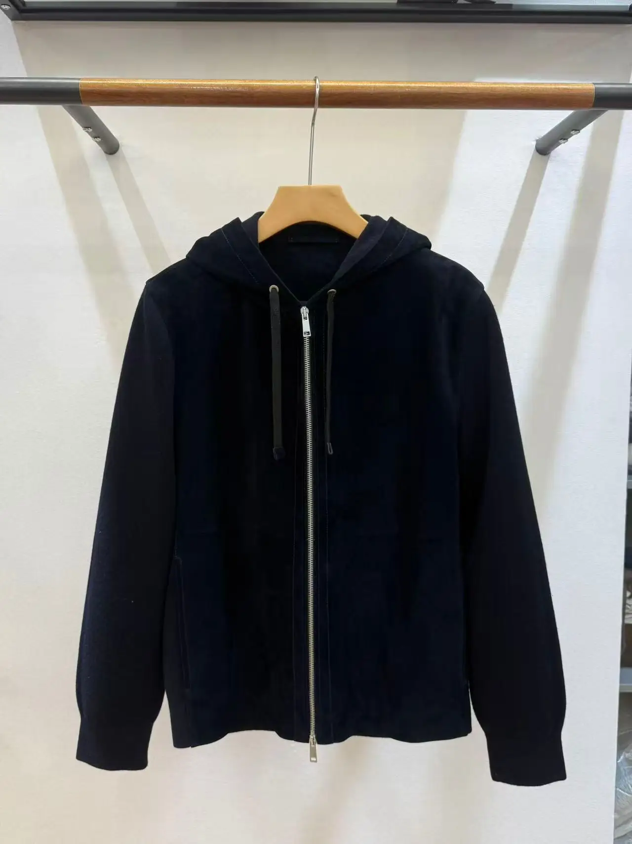 Navy Suede Effect Zip Up Hooded Casual Jacket For Men