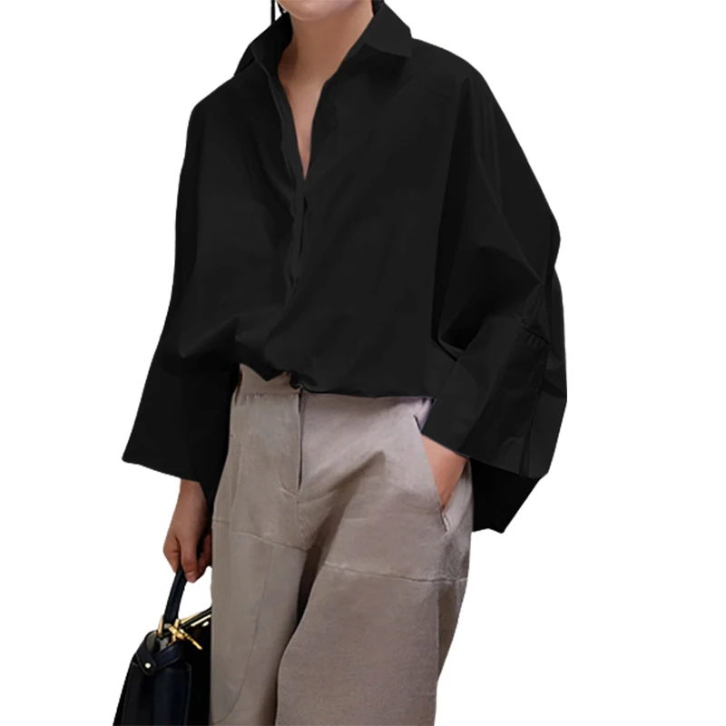 Yeezzi Women Stylish Black White Solid Color Lapel Blouses 2024 New Spring Autumn Long Sleeve Loose Causal Office Shirts Tops