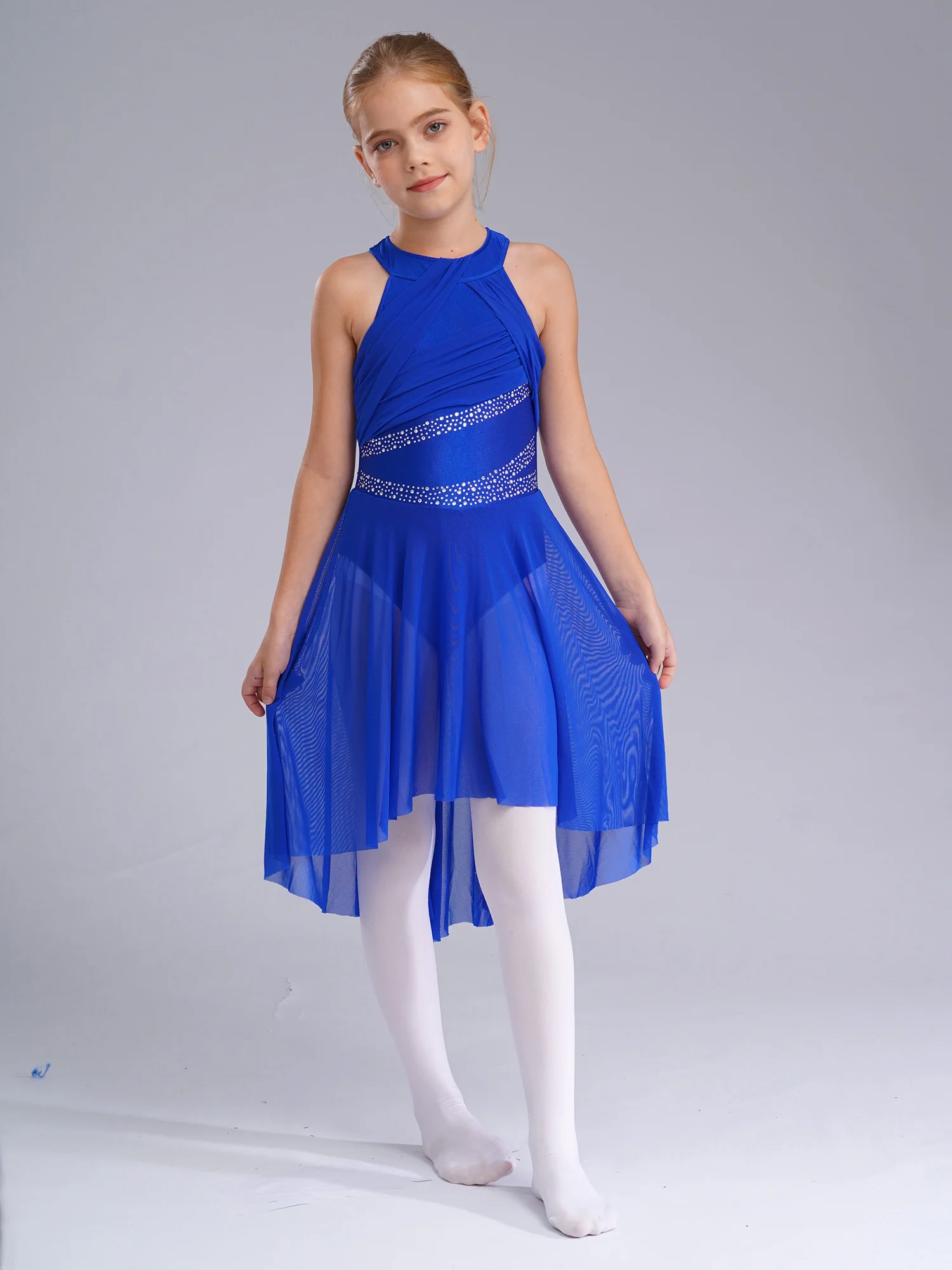 สาวโคลงสั้น ๆ บัลเล่ต์เต้นรําละตินเครื่องแต่งกายร่วมสมัยสมัยสมัยใหม่ Dancewear แขนกุดประกาย Rhinestone Ruched ชุดรัดรูป