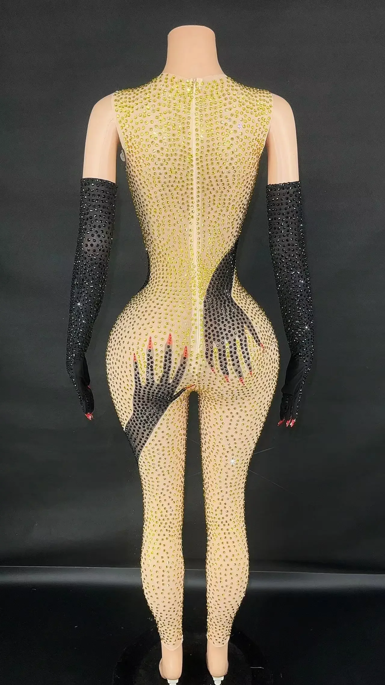 Black Hands Touch Shinny Body Sexy Women Jumpsuit Carnival Cosplay Female Bodysuit with Gloves Beyonce Dress Stage Wear