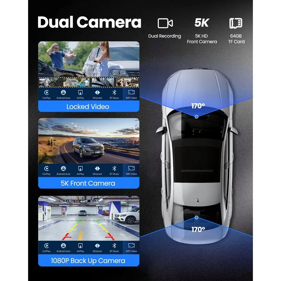 شاشة Carplay لكاميرا Dash 5K للسيارة، 9 أجهزة استقبال صوت CarPlay amp Android Auto مع كاميرا احتياطية 1080p، بلوتوث