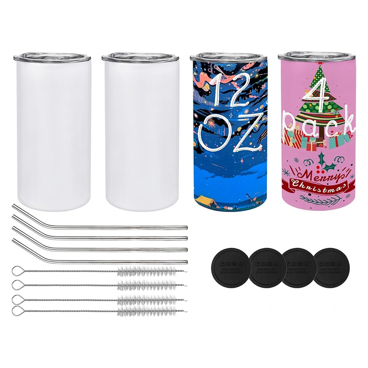 Pack of 4 12 Oz Sublimated Tumblers Blank, Insulated Stainless Steel Water Bottles with Lids and Straws for DIY