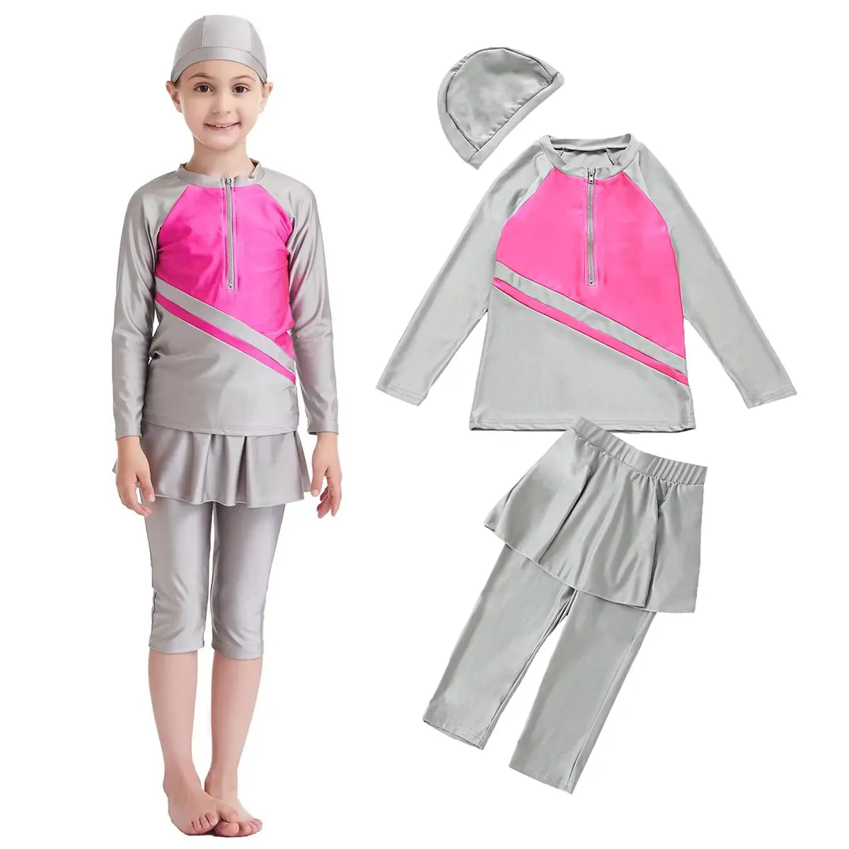 

Модные спортивные исламские мусульманские купальники буркини для девочек, детей от 3 до 16 лет, капри, брюки с юбкой контрастного цвета, быстросохнущие, 3 шт./компл.