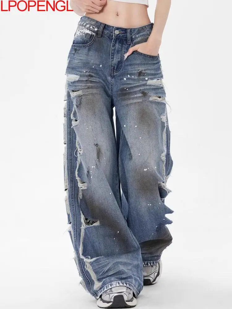 

American Vintage Ripped Jeans Women 2026 New Distress Washed And Worn With Rough Edges Design Loose High Street Wide Leg Pants