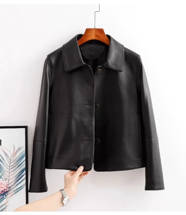 2024 Spring Autumn New Women High Quality Genuine Leather Casual Jacket Coat for Female 3 Color