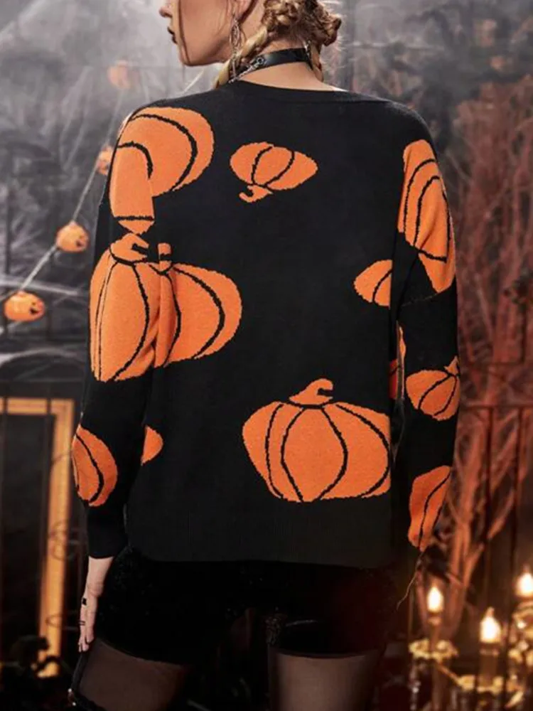 Yangelo Fairy Grunge Pumpkin Printed Sweater Techwear Women\'s Knitted Top Halloween Party Loose Warm Girl Pullover